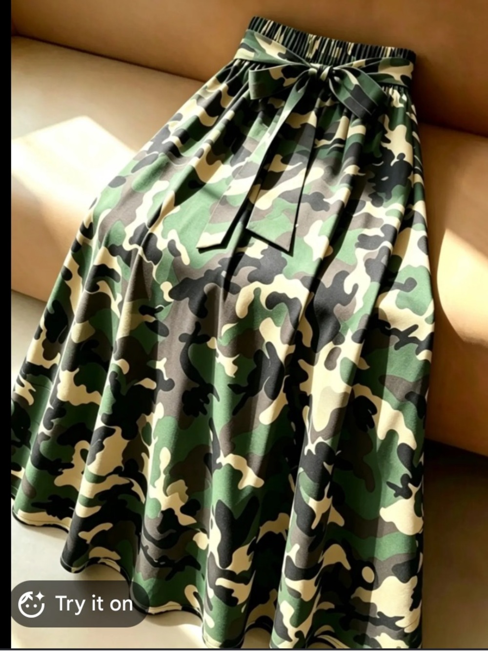 Camouflage A-Line Midi Skirt with Waist Tie